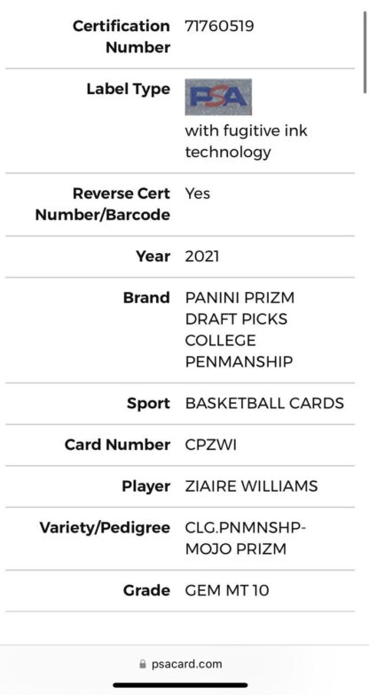 2021 Ziaire Williams Prizm Autograph #CPZWI PSA 10 Pop 1/1 RARE Rookie Stanford